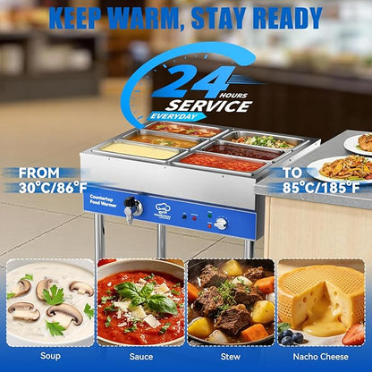 6-Pan Commercial Food Warmer, Electric Steam Table, 120V 1700W Stainless Steel - Image 3