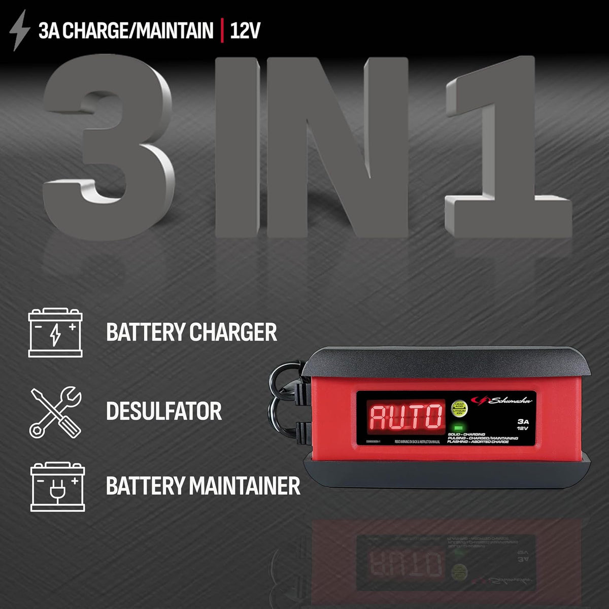 schumacher electric 3a car battery charger & maintainer shown in use