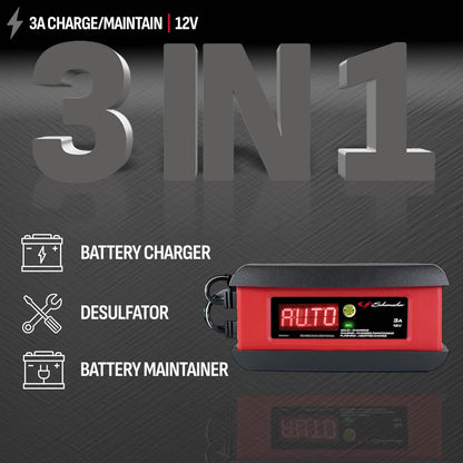 schumacher electric 3a car battery charger & maintainer shown in use