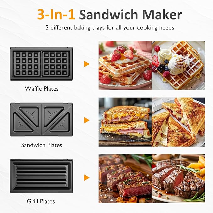 Sunvivi 3 in 1 Sandwich Maker, Electric Waffle Maker - Image 3