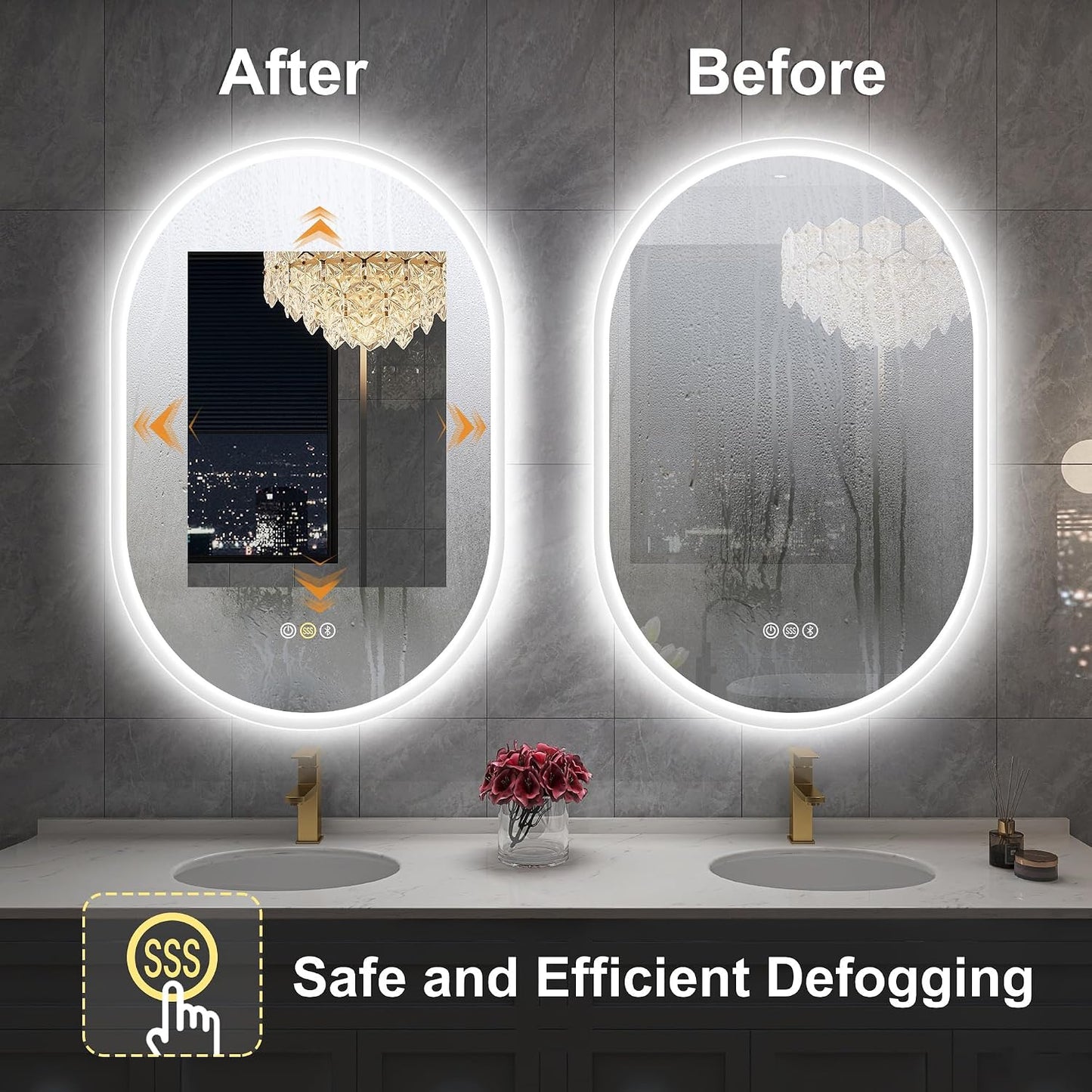 S'bagno 24x40 Oval LED Bathroom Mirror with Lights, Anti-Fog, Bluetooth Speaker, 3 Colors Temperature & Dimmable, Lighted Mirrors for Bathroom Wall with Memory Function, Waterproof, Shatter-Proof