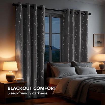 Deconovo 4 Panels Blackout Curtains, Grey Curtain, Thermal Insulated Soundproof Curtain Drapes, Wave Dot Foil Print, 52 x 84 Inch, Machine‑Washable Privacy Window Drape for Bedroom Living Room Office