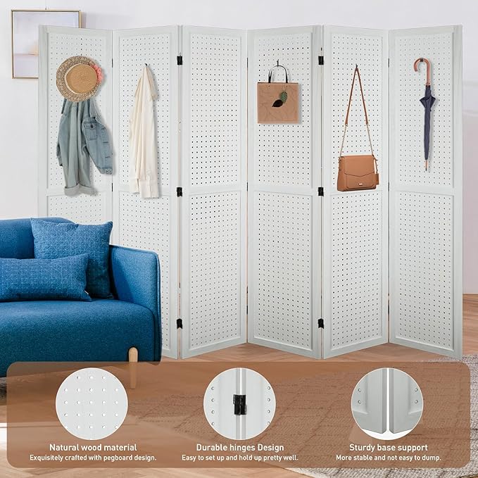 ECOMEX 6 Panel Room Divider, 5.6Ft Pegboard Display Wooden Room Divider Folding - Image 3