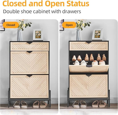 Shoe Cabinet Storage with 2 Flip Drawers, Narrow Hidden Shoes Organizer Cabinet - Image 5