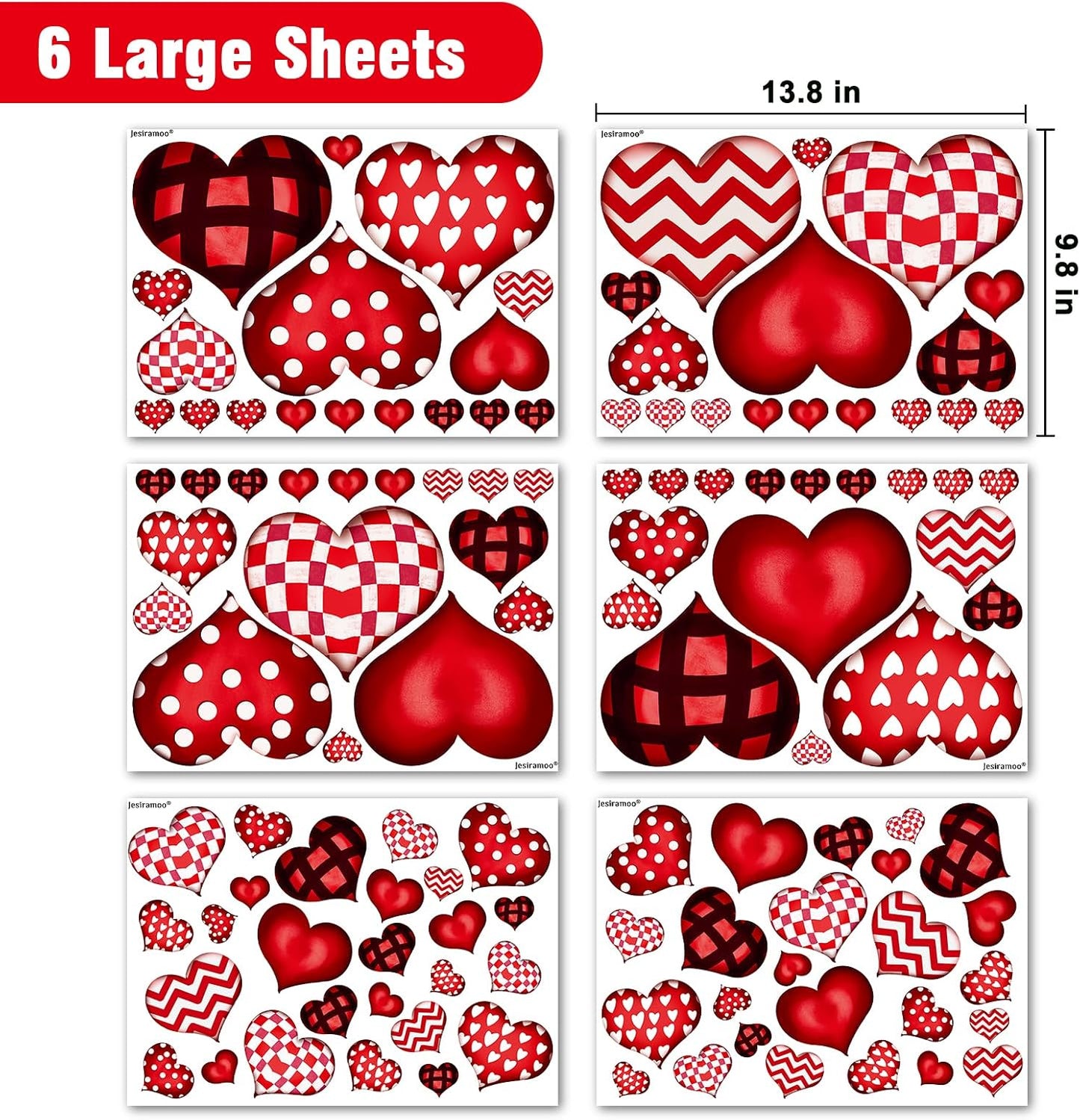 Valentines Day Window Clings: 6 Sheets Large Rustic Vintage Heart Window Decal Decorations, Farmhouse Red Black Valentine's Day Heart Stickers for Kids Home School Classroom Office Wedding