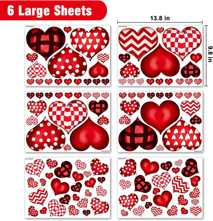 Valentines Day Window Clings: 6 Sheets Large Rustic Vintage Heart Window Decal Decorations, Farmhouse Red Black Valentine's Day Heart Stickers for Kids Home School Classroom Office Wedding