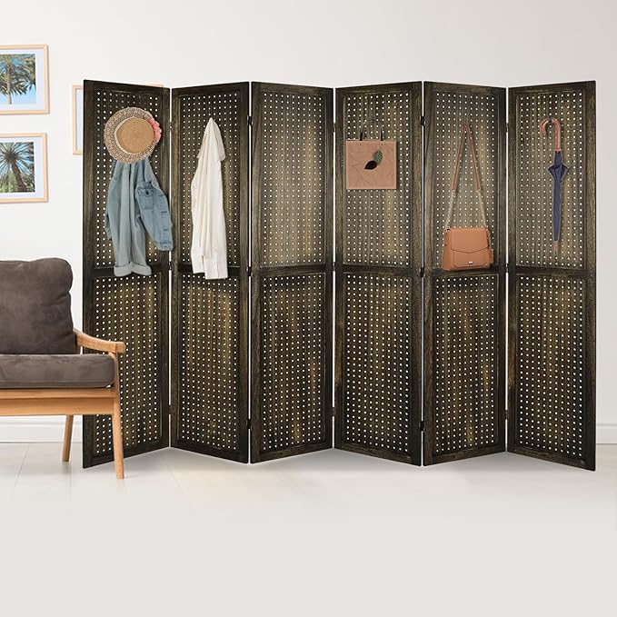 ECOMEX 6 Panel Room Divider, 5.6Ft Pegboard Display Wooden Room Divider Folding - Image 9