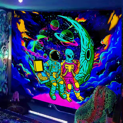 Sanzugh Funny Space Astronaut Alien Blacklight Tapestry UV Reactive Poster, Trippy Universe Black Light Art for Men Guys Room Bedroom Decor Cool Psychedelic Glow in the Dark Tapestries Wall Hanging