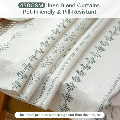 Pinch Pleated Sage Green Floral Block Print Curtains 84 Inches Long, Vintage Boho Linen Blend Drapes for Bedroom Living Room, 2 Panels Set