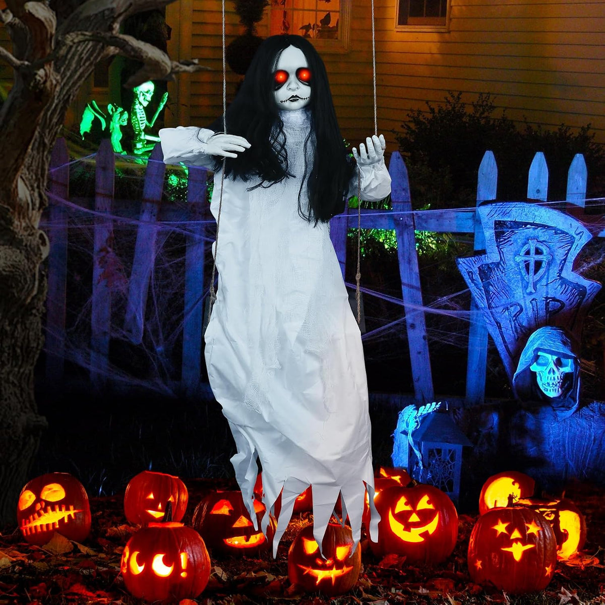 Scary Halloween Decorations Outdoor, 47" Hanging Swinging Girl Creepy Doll