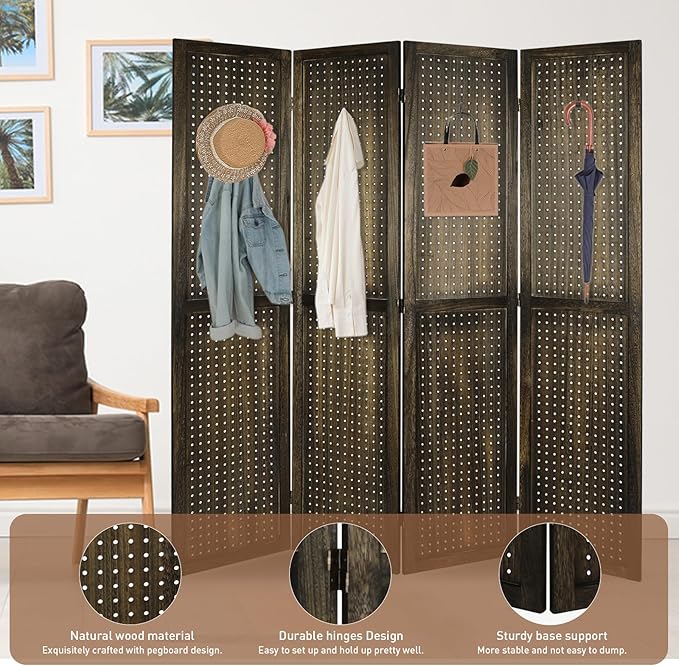 ECOMEX 4 Panel Room Divider, 5.6Ft Pegboard Display Wooden Room Divider Folding - Image 3