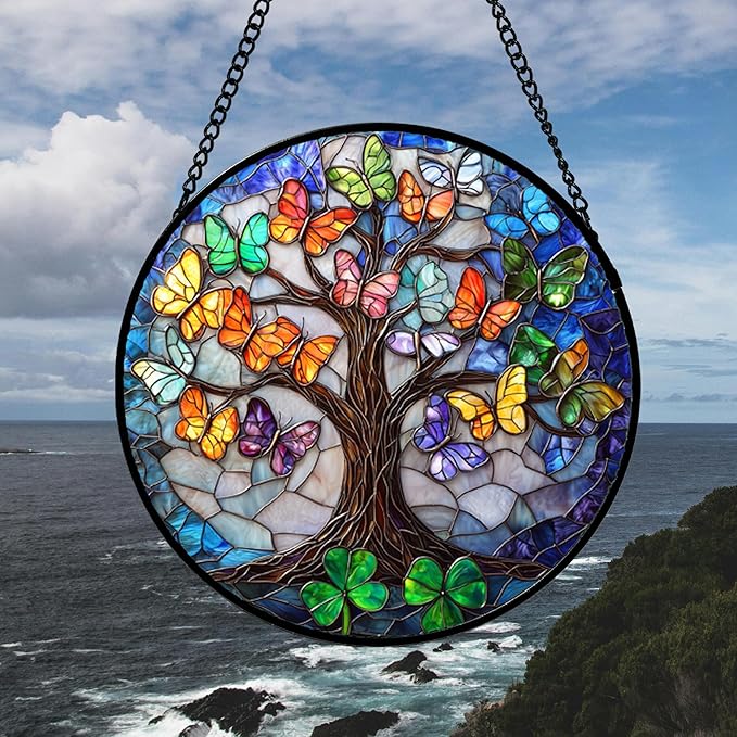 DASTOLL Stained Glass Window Hanging, Butterfly Tree Clover Sun Catchers Glass - Image 4