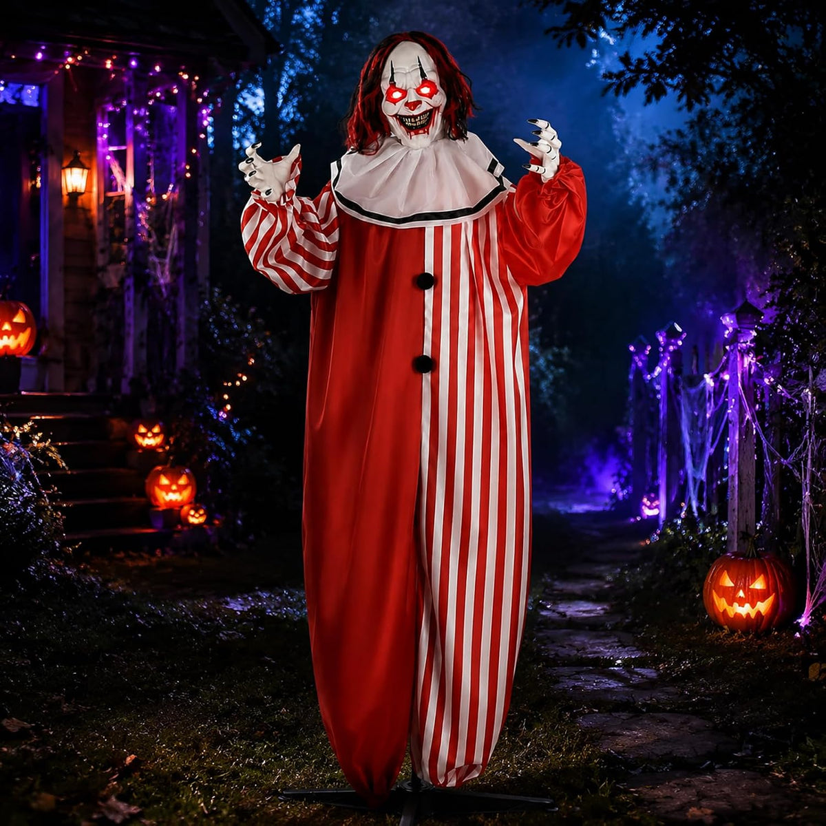 65" Halloween Decoration, Scary Animatronic Clown Prop w/LED Light-Up Ey...