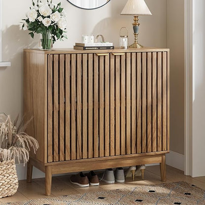 Shoe Storage Cabinet with Ventilated Slatted Doors, Wooden Shoe Organizer by KiasthomeBathroomAccessories
