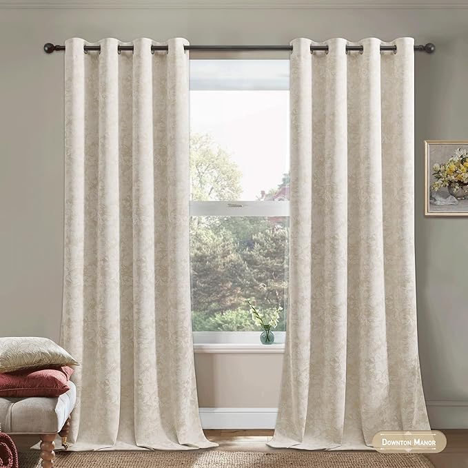 Beauoop Beige Floral Jacquard Blackout Curtains 108 Inches Long 2 Panels - Image 2
