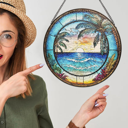 9.8 Instained Glass Window Hanging - Blue Sea Sun Catcher for Door Home Decor Ocean Suncatcher Christmas Mother's Day Birthday Sea Lover Gifts for Women Men Mom Nana