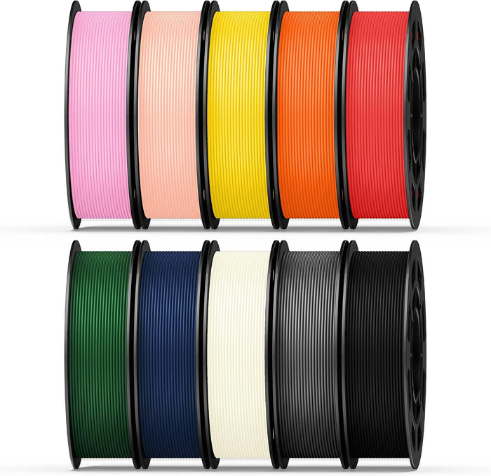 10 Color Bundle PETG 3D Printer Filament 1.75mm, Individually Vacuum Packed, 0.2kg Spool, 10 Pack, Total 2kg, Black+Cream White+Grey+Red+Dark Blue+Green+Orange+Pink+Beige Skin+Yellow