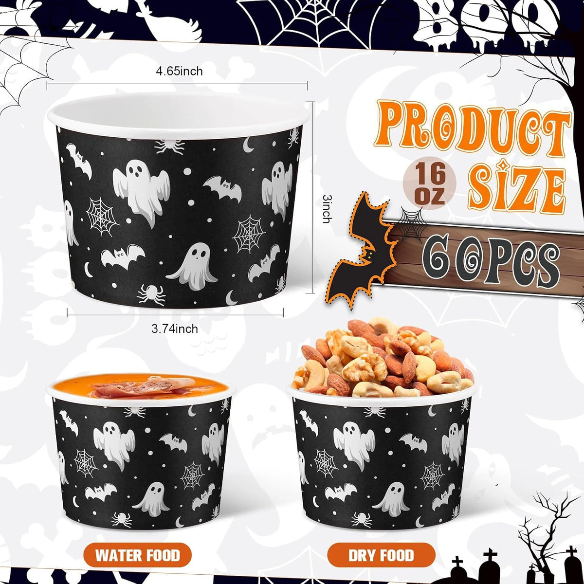 Hsei 60 Pcs 16oz Halloween Paper Bowls for Soup Disposable Cups, Ghost Bat
