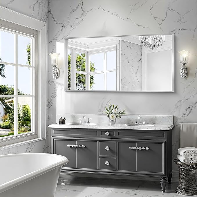 CIRCUMI Silver Bathroom Mirror, Brushed Finish, Tempered Glass, Large Mirror - Image 2