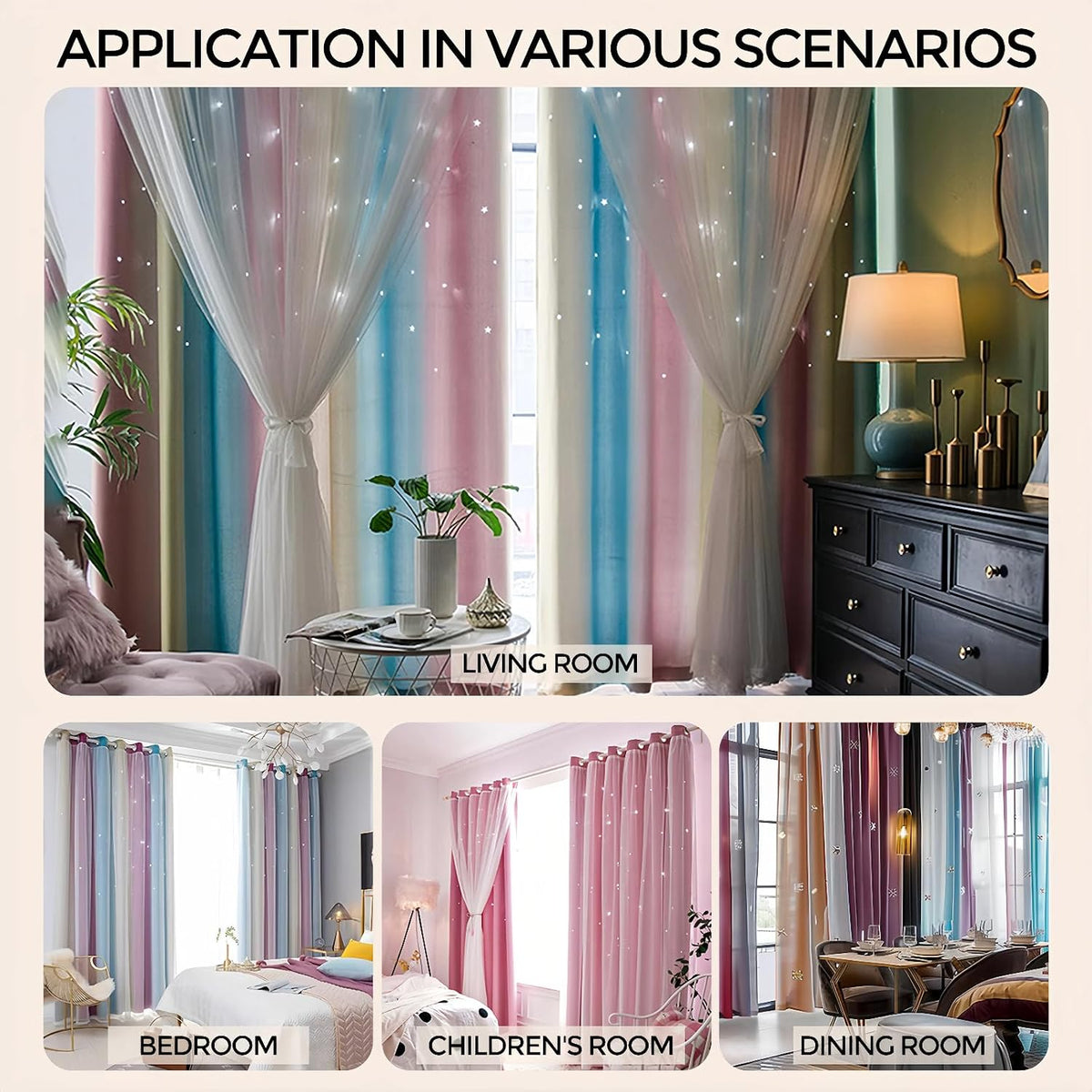 Star Cutout Blackout Curtains, Pink Purple Blue, W52 x L63 Inch | 2 Panels, Outer Sheer Layer, Rainbow Ombre Unicorn Princess Decor, Top Grommets, Ideal for Girls Bedroom Kids Room Nursery