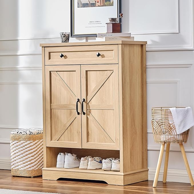 SOOWERY Shoe Cabinet with Drawer, Farmhouse Shoe Storage Cabinet with Doors by SOOWERY