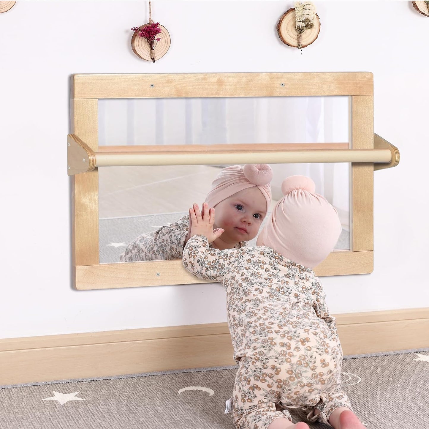 Baby Montessori Non-Shatter Sensory Safety Mirror w/ 2 Pull Up Bars | Exquisitely Crafted Solid Birch Wood Frame, Infant Coordination Small Mirror For 6-18 Months