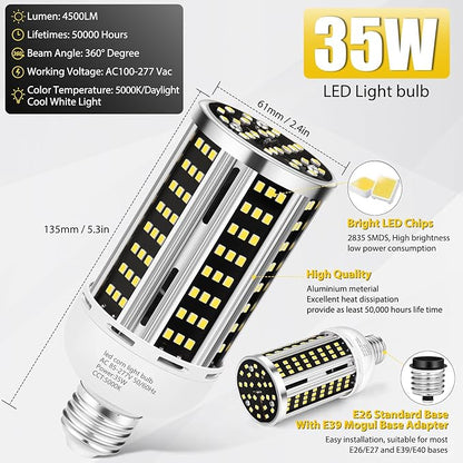 35W LED Corn Light Bulb 2 pack, Commercial Grade Daylight 5000K E26/E39 5000LM - Image 3