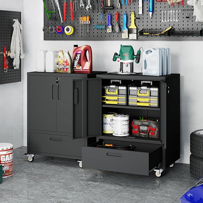 Metal Storage Cabinet with Wheels, Mobile Garage Storage Cabinet with 2 - Image 7