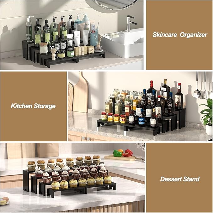 4 Set Large Black Wooden Tiered Riser Display Stands - Image 6