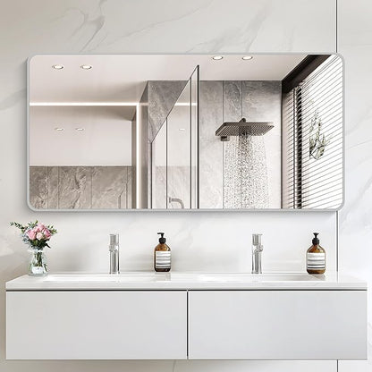 30x60 Inch Silver Bathroom Mirror, Large Rectangular Vanity Mirror, Metal - Image 2