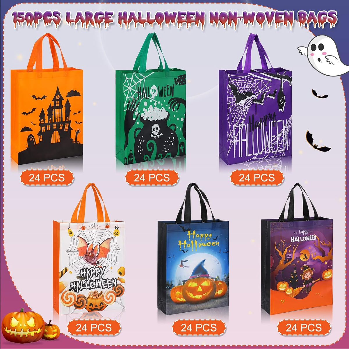 Sanwuta 150 Pcs Halloween Tote Gift Bags 14.9 x 11.8 Large Bags