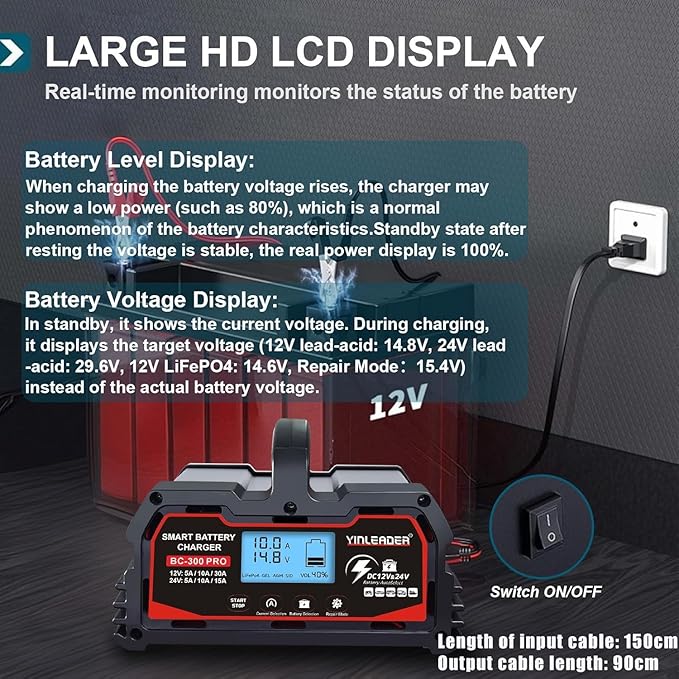 Battery Charger 30A, 12V/24V Lead Acid Smart Battery Charger, 12V LiFePO4 Car - Image 6