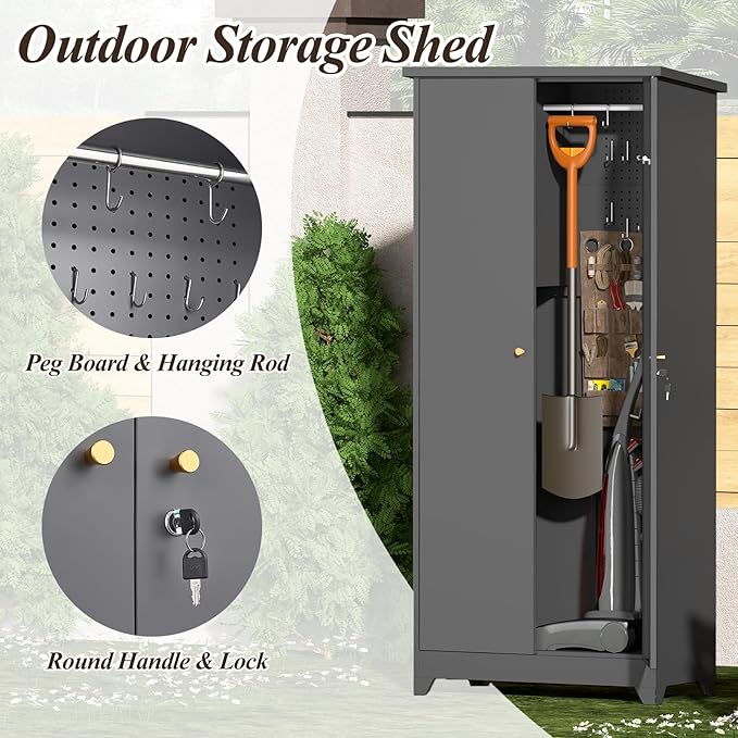 GREATMEET 72.8" Outdoor Broom Storage Cabinet, Metal Storage Cabinets - Image 5