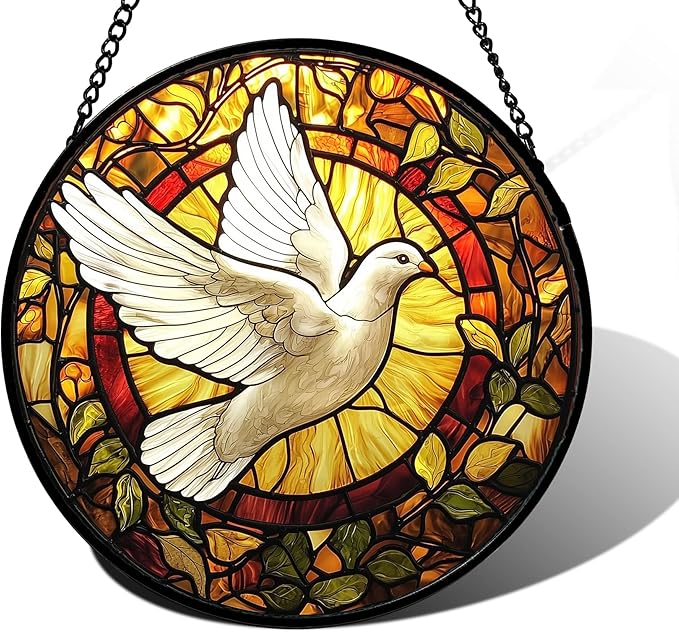 DASTOLL Stained Glass Window Hanging, Flying White Dove Sun Catchers Diamond by DASTOLL