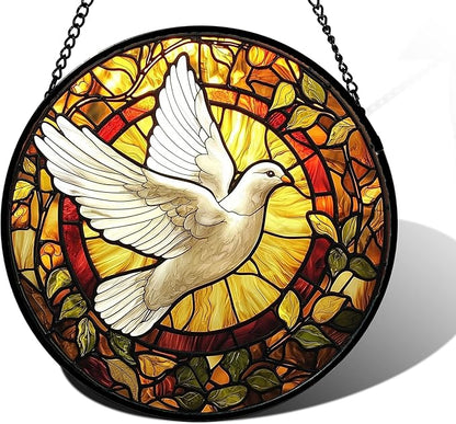 DASTOLL Stained Glass Window Hanging, Flying White Dove Sun Catchers Diamond by DASTOLL