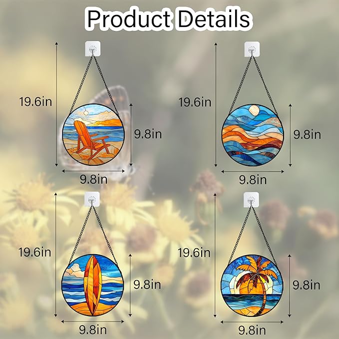 DASTOLL Stained Glass Window Hanging 4 Pcs Set Blue Orange Ocean Beach Theme - Image 6