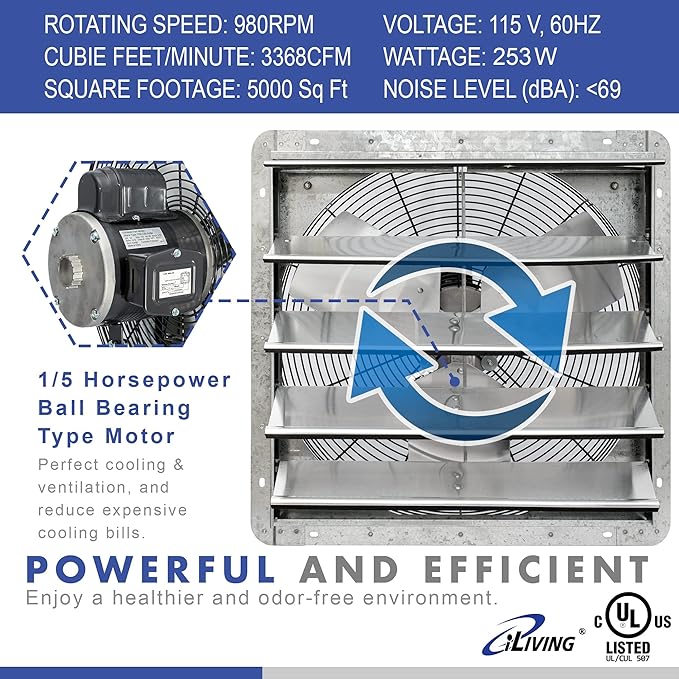 iLIVING 20" Wall Mounted Shutter Exhaust Fan, Automatic Shutter, - Image 2