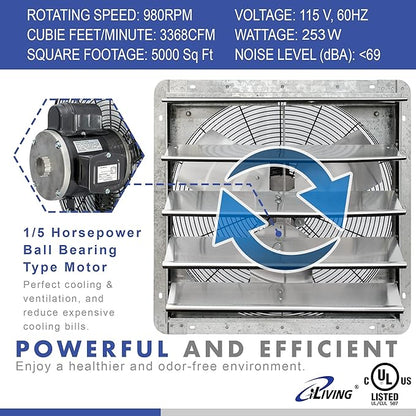 iLIVING 20" Wall Mounted Shutter Exhaust Fan, Automatic Shutter, - Image 2