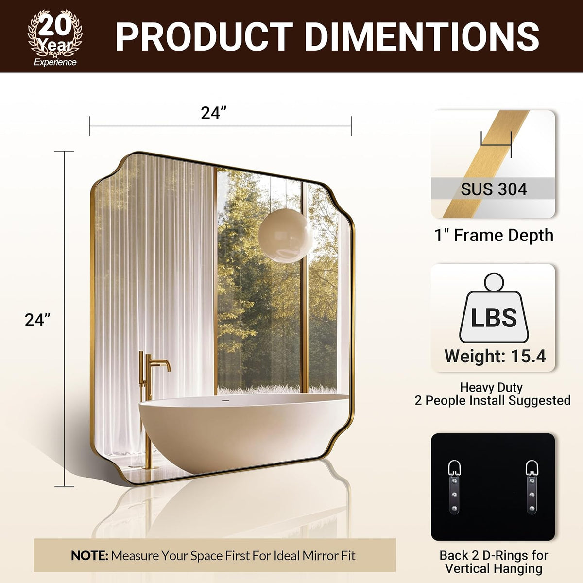 ANDY STAR Square Gold Vanity Mirrors, 24"x24" Brushed Brass Scallop...