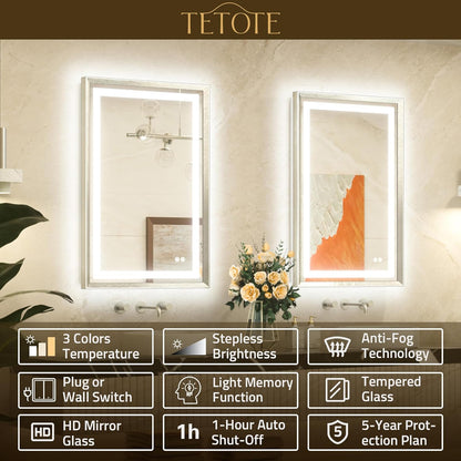 28 x 36 Bathroom LED Mirror Brushed Nickel Metal Frame Frontlit & Backlit Vanity Mirror Anti-Fog Stepless Dimmable 3 Colors White/Warm/Natural Mirror with Lights Wall-Mounted