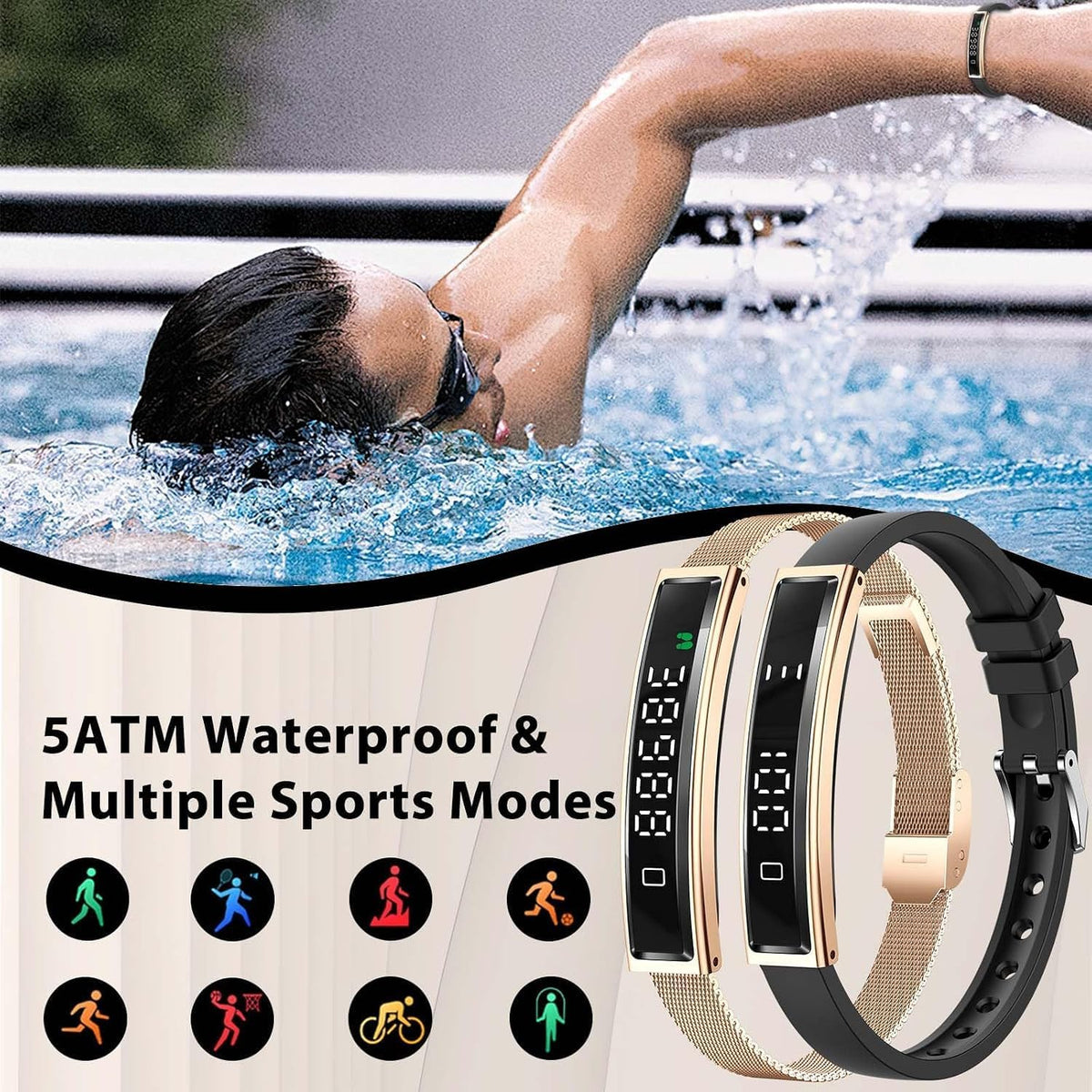fitness health/calorie tracker with 2 bands, sleep detection shown in use