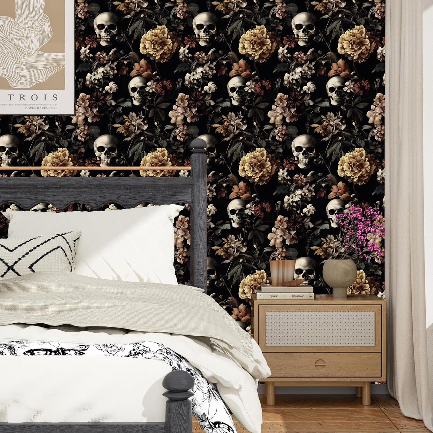 BOKEBEVE Gothic Skull Peel and Stick Wallpaper Vintage Black 17.5 x 118In | Floral Contact Paper Self Adhesive Removable Renter Friendly Wall Paper for Feature Wall Bedroom Bathroom Halloween Decor