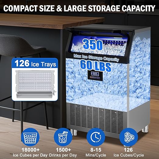 Commercial Ice Maker Machine 350 Lbs/24H, 60 Lbs Ice Bin, Undercounter Ice - Image 2