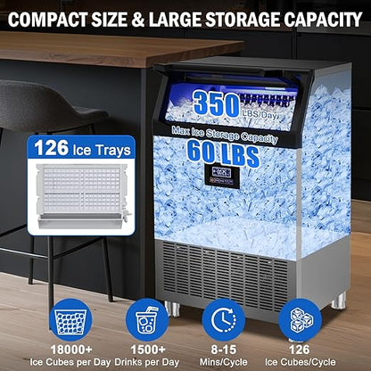 Commercial Ice Maker Machine 350 Lbs/24H, 60 Lbs Ice Bin, Undercounter Ice - Image 2
