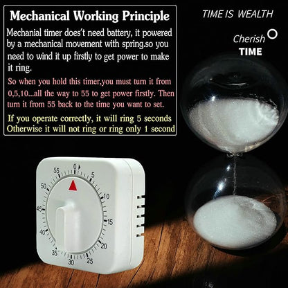 Square 60 Minute Mechanical Kitchen Timer, Manual Countdown Timer - Image 6