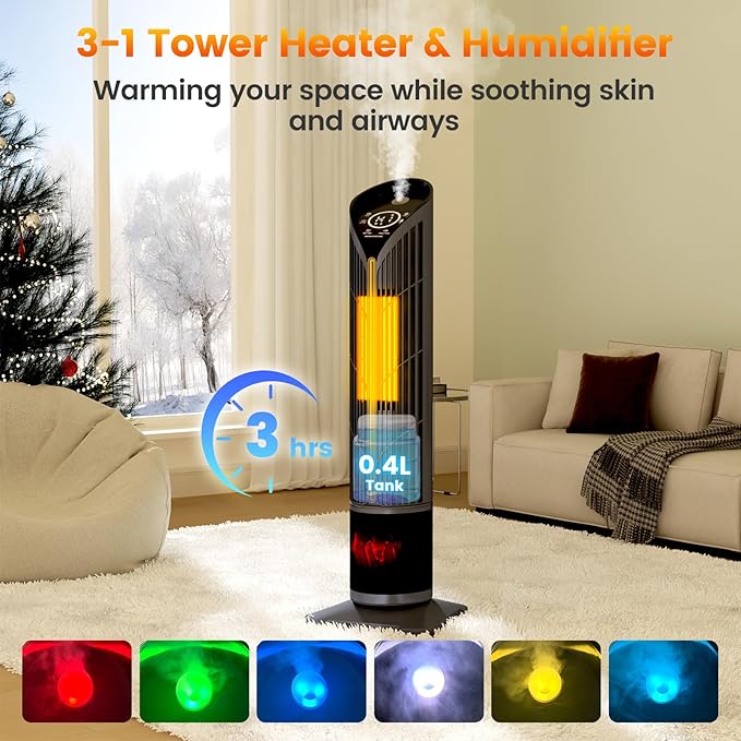 Auertech 28" Space Heater with Humidifier & LED Lights, 3 in 1 Electric Space - Image 3