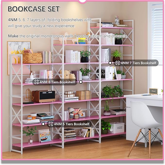 4NM 6 Tiers No Assembly Book Shelves, 61.8" H Folding Bookshelf Bookcase Open - Image 5