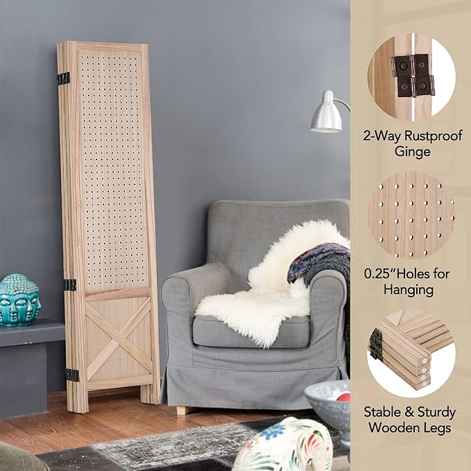 Wnutrees 4 Panel Pegboard Display, 5 Ft Wood Folding Privacy Screens Room - Image 4