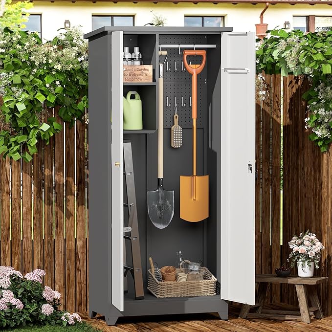 GREATMEET 72.8" Outdoor Broom Storage Cabinet, Metal Storage Cabinets by GREATMEET