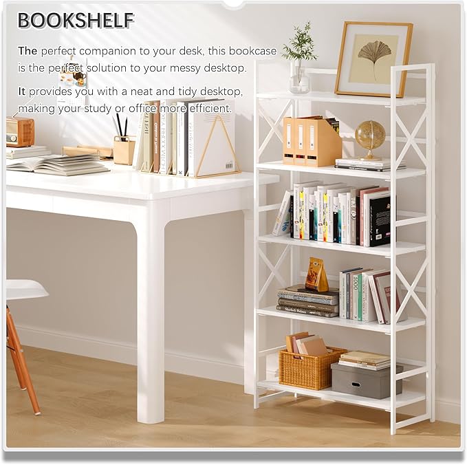 4NM 5 Tiers No Assembly Book Shelves, 51.2" H Folding Bookshelf Bookcase Open - Image 3